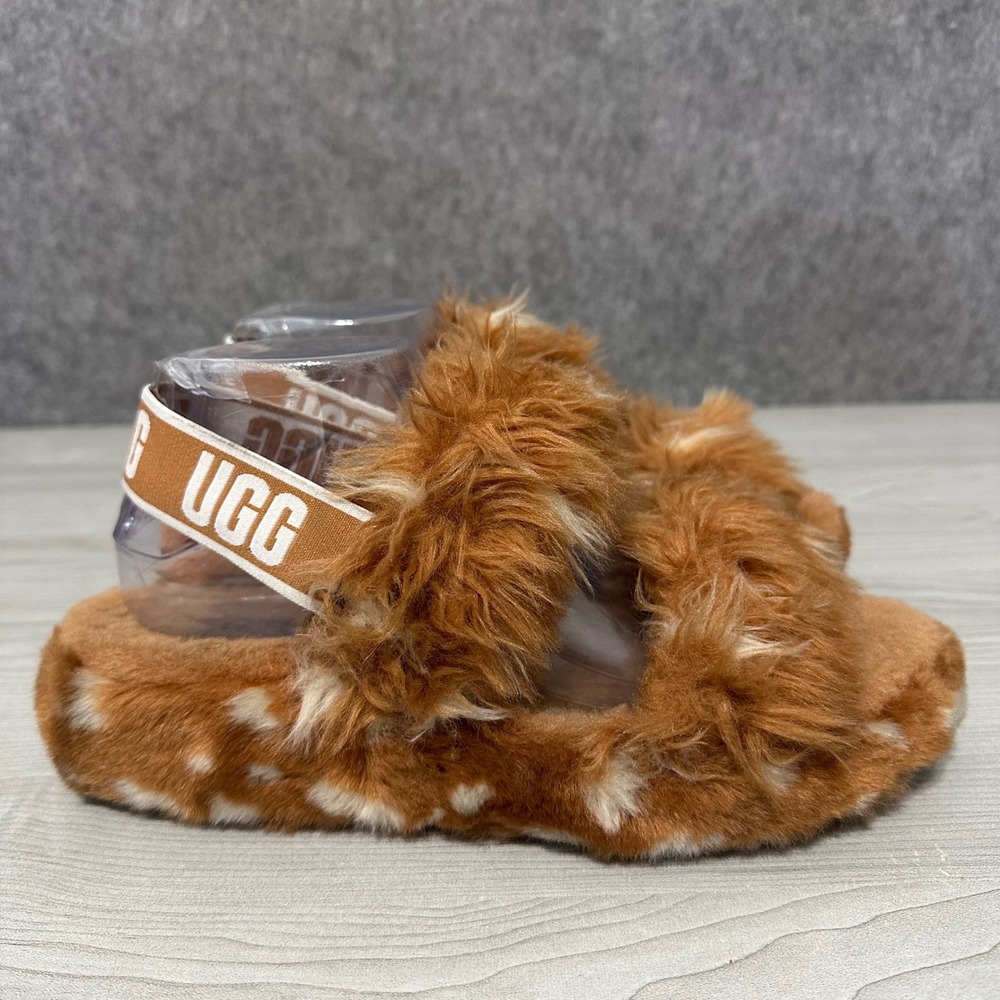 UGG Oh Yeah Spots Slides Womens 9 Brown White Spotted Faux Fur Slingback